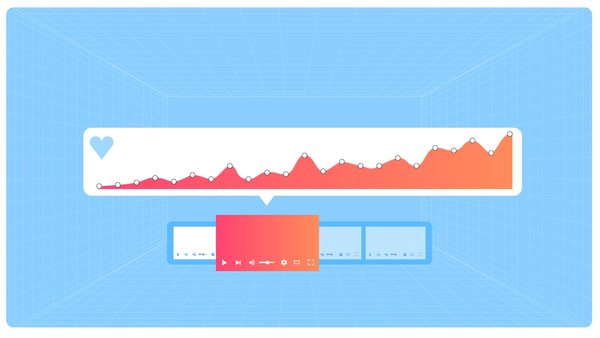Social media engagement growth chart with video player controls in futuristic grid space