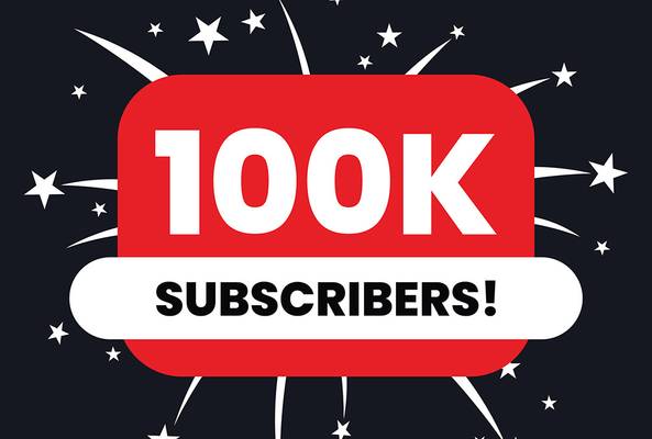Red badge with white text celebrating 100K subscribers and fireworks on black background
