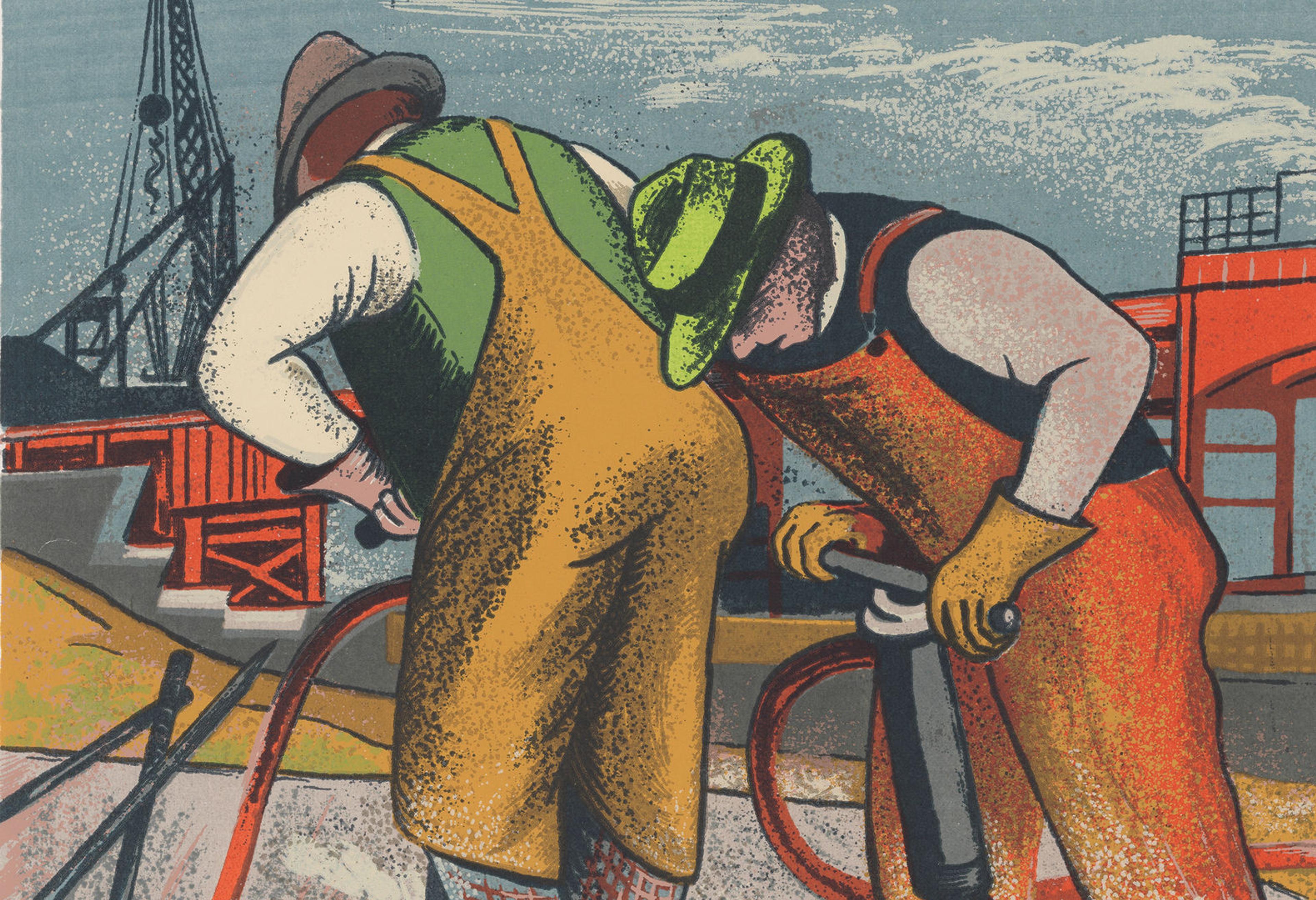 Colorful print of two workers drilling at the ground in front of an industrial construction setting.