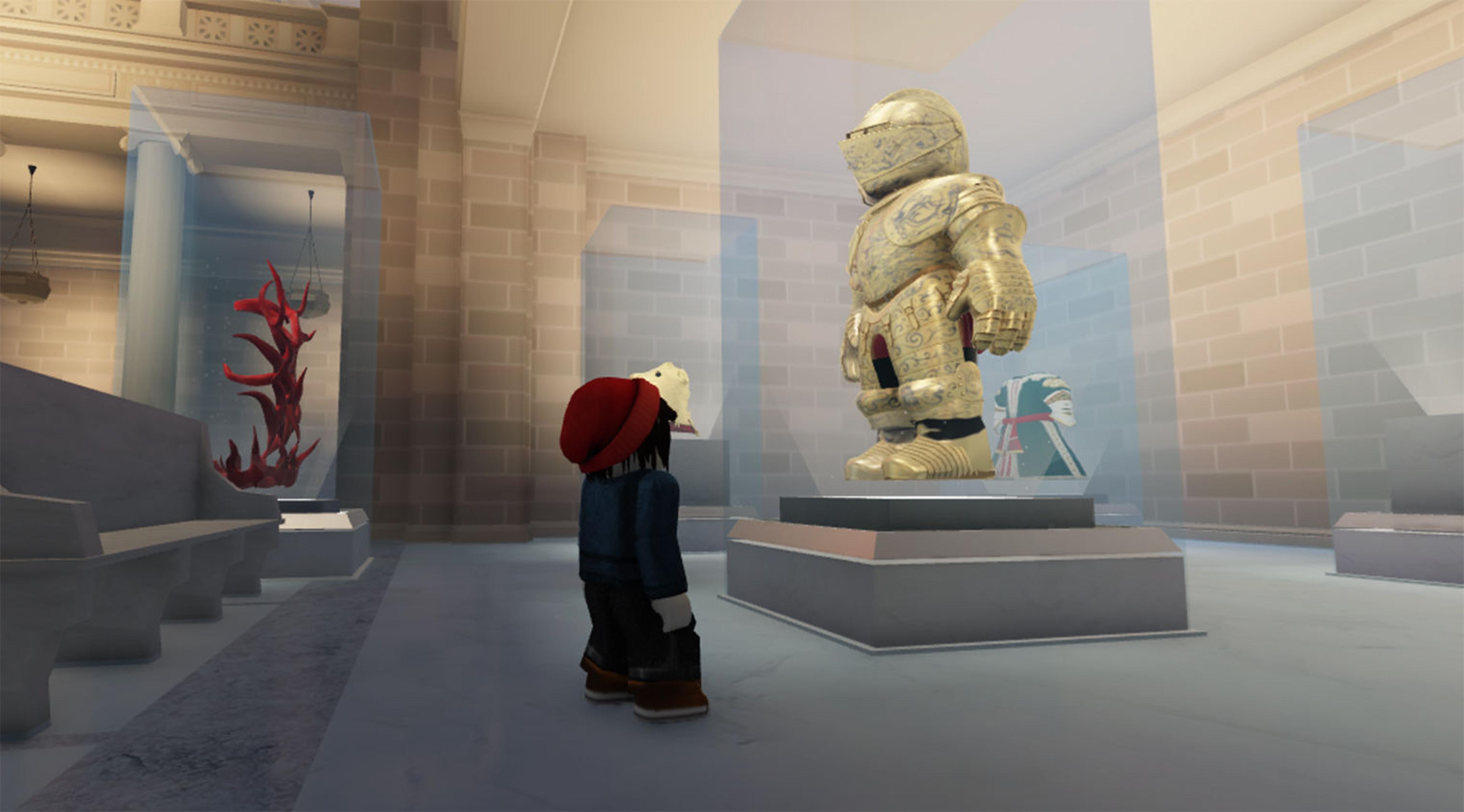 Animation of a Roblox figure standing in front of a suit of armor