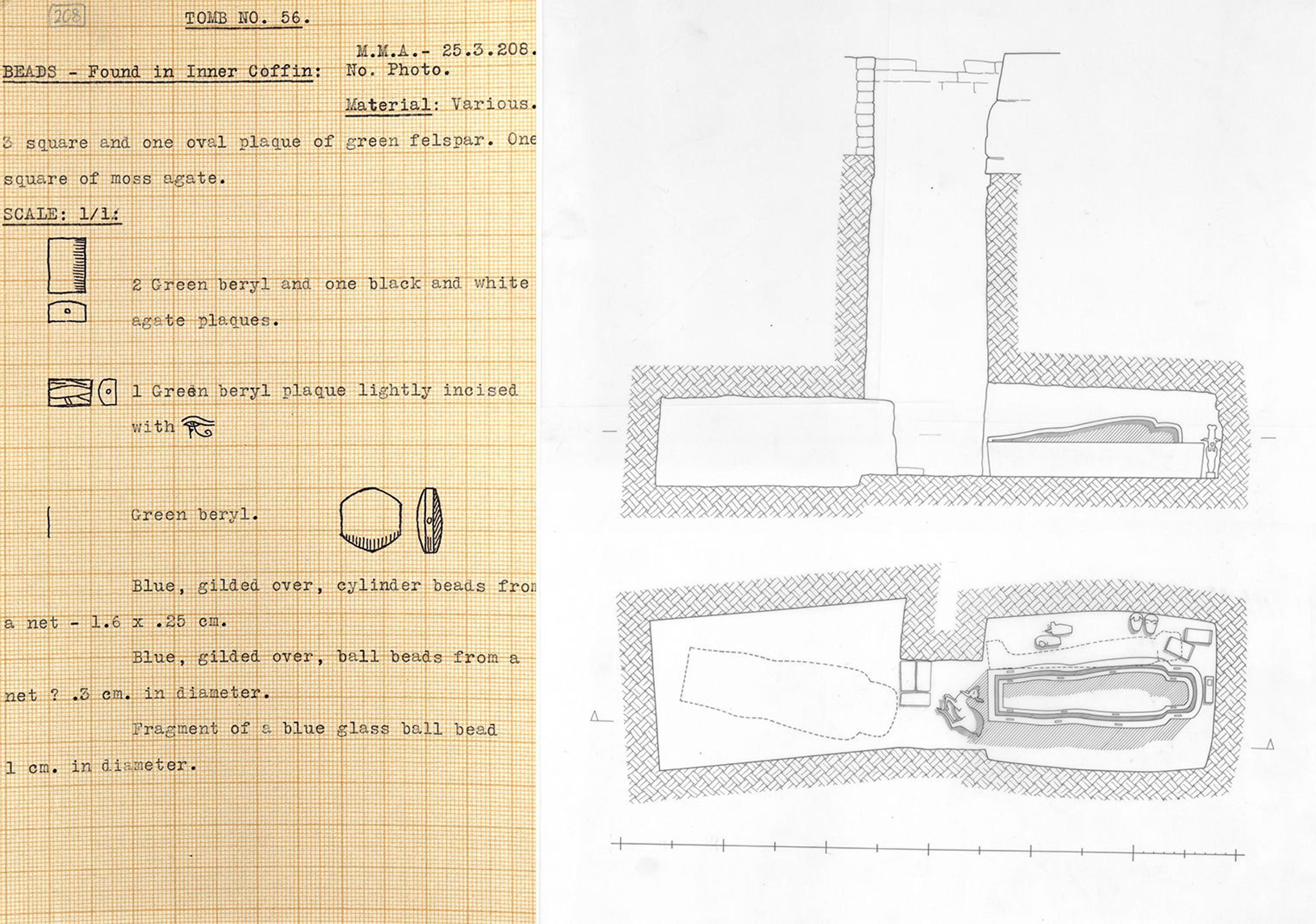 Typewritten notes with drawings on grid paper on the left and the plan and section of a tomb with a coffin in it on the right