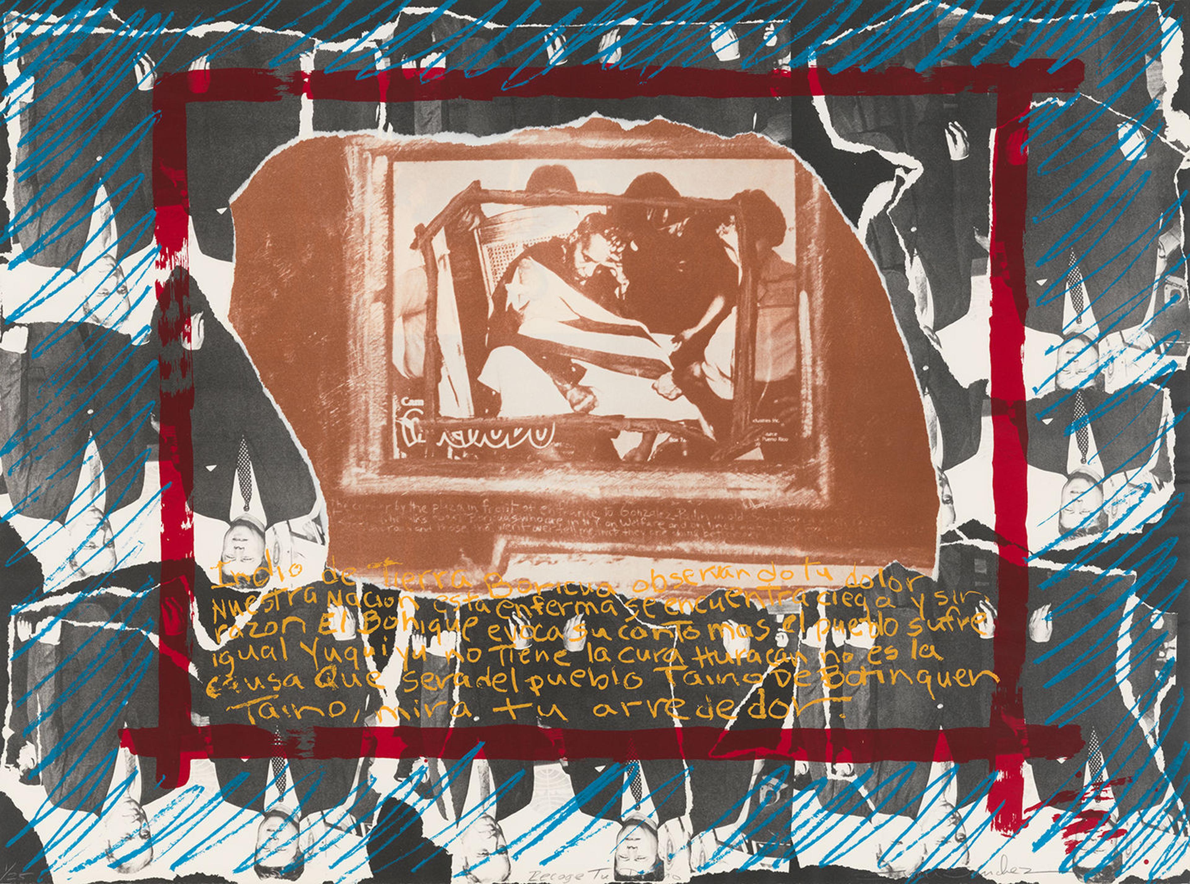 A mixed-media collage. In the center, a sepia-toned photograph of figures holding a Puerto Rican flag, with a poem in Spanish handwritten beneath. Underlying both is an upside down print of JFK and another figure, repeating as the background of the collage.