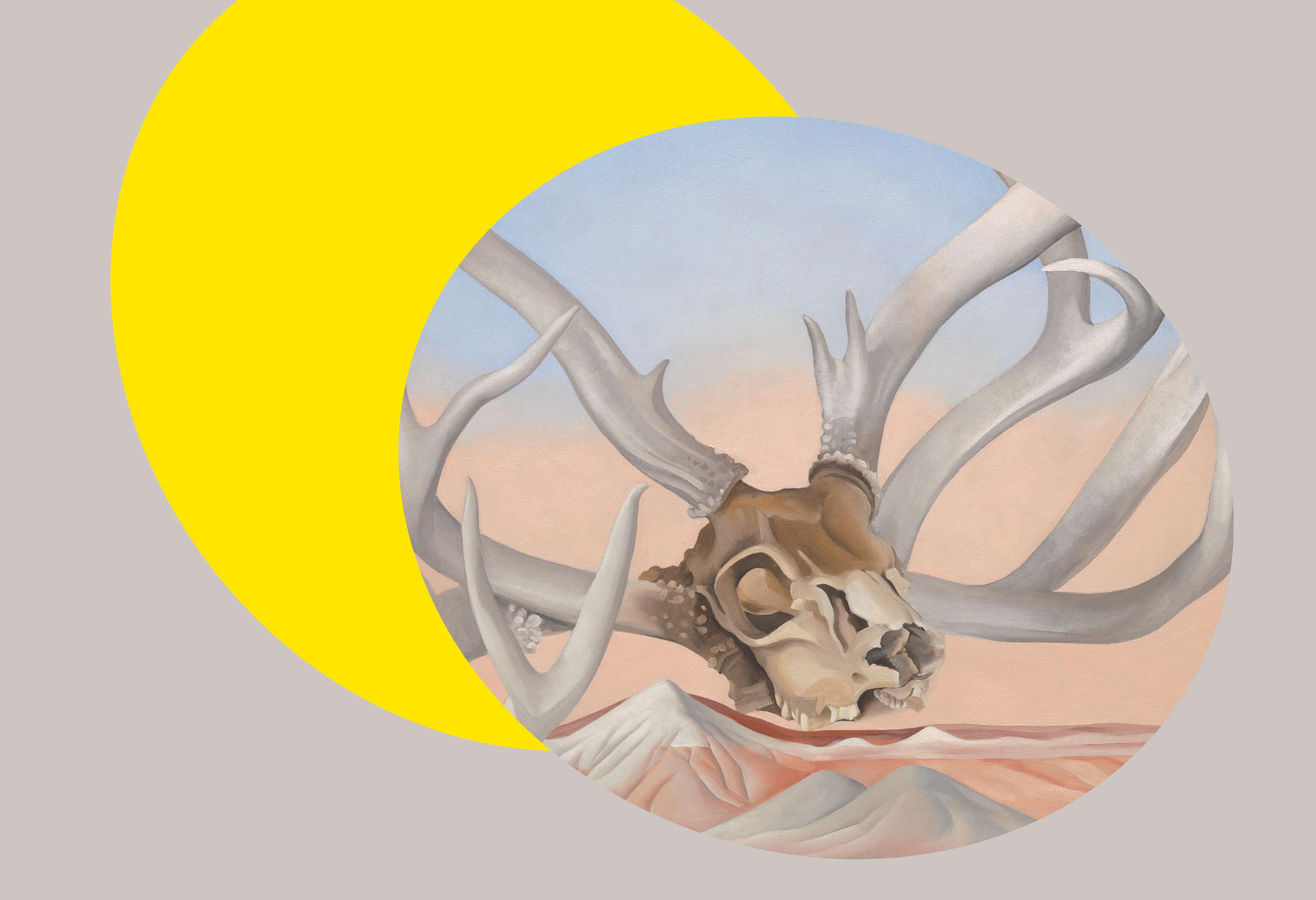 Georgia O'Keeffe's painting "From the Faraway, Nearby" with an imaginary mule deer skull and antlers levitating over a generalized desert landscape. A bright yellow ovular shape spotlights the painting from the background.