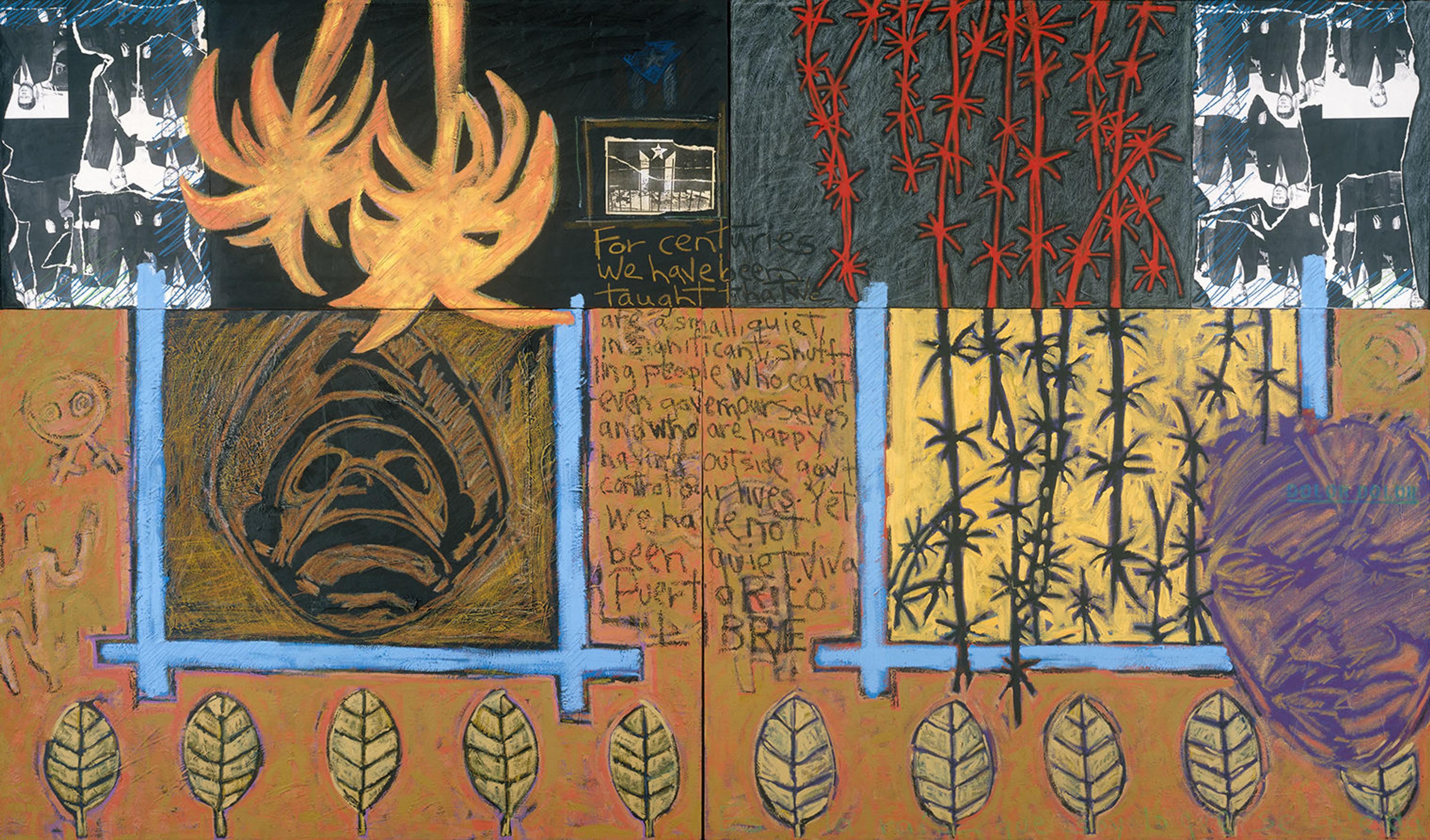 Mixed-media collage with handwritten text in the center, surrounded by images of palm trees, masks, and barbed wire.