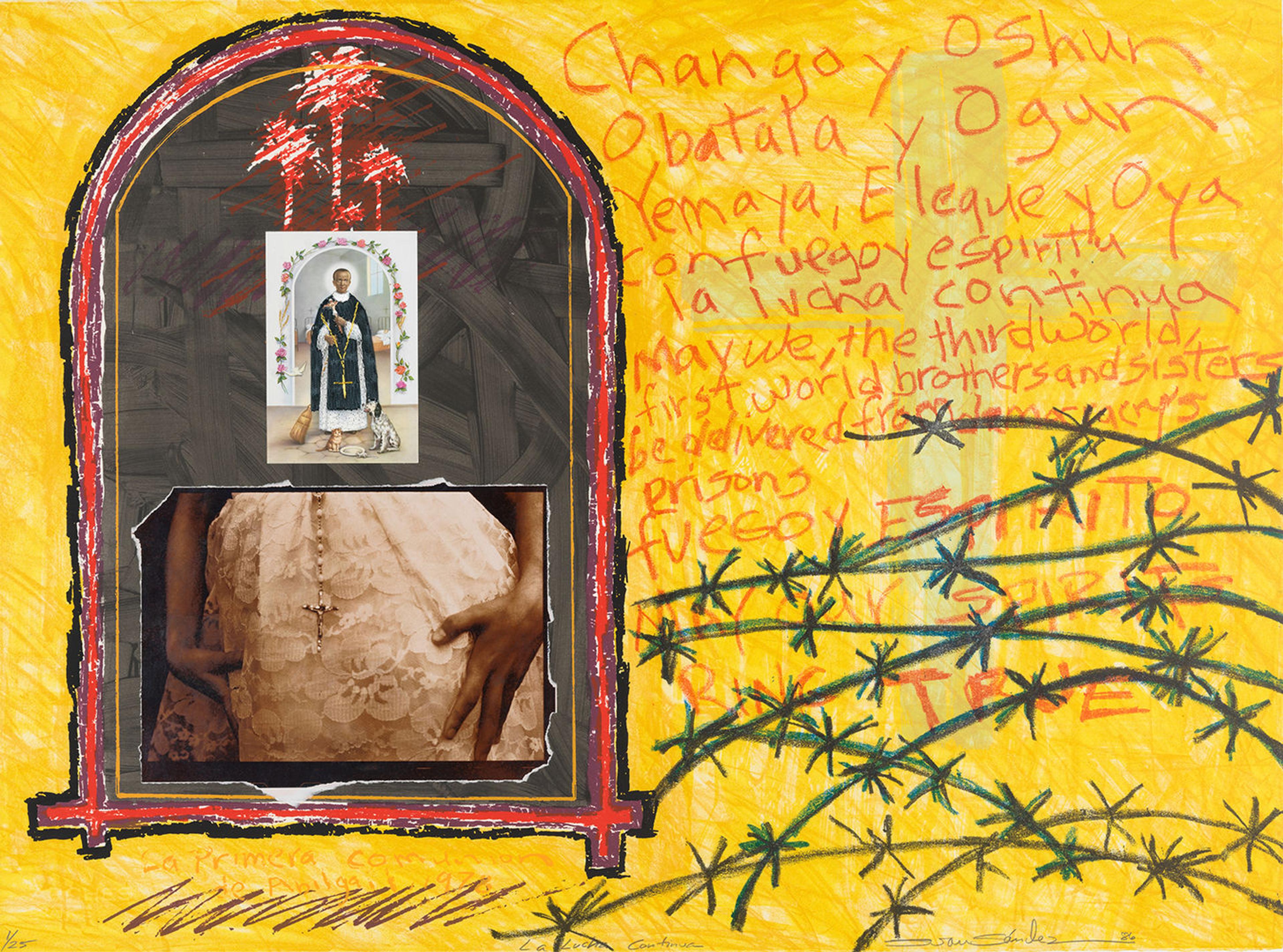 Mixed-media collage in shades of yellow. An arched, rectangular panel at left includes images of a religious figure and the torso of a person wearing a cross. A poem at right, written in English and Spanish, is partially crisscrossed by a drawing of barbed wire.