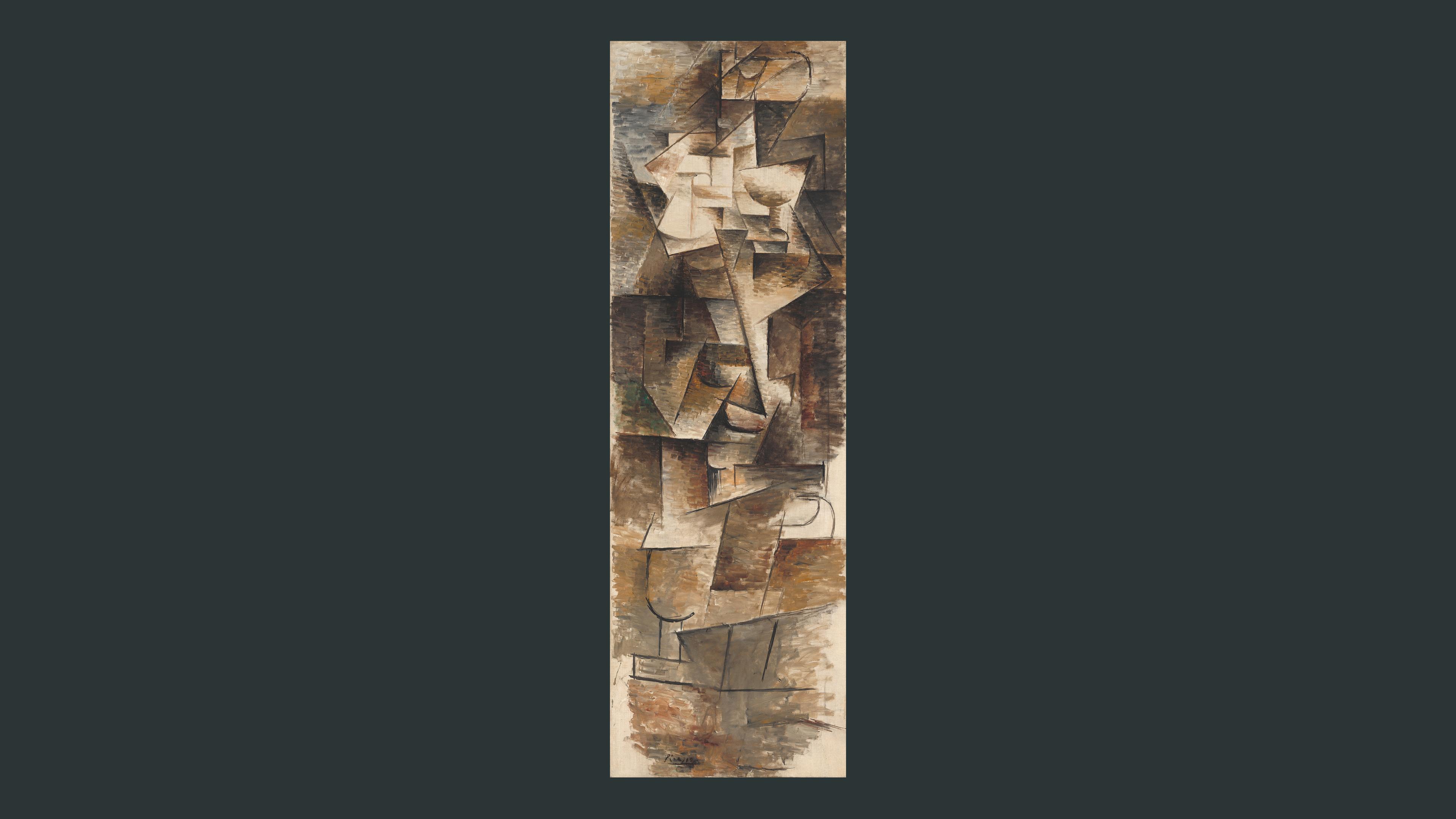 A tall pale rectangle stands vertically on a grey blue background. It is filled with squared lines and shadows etched in grey and taupe