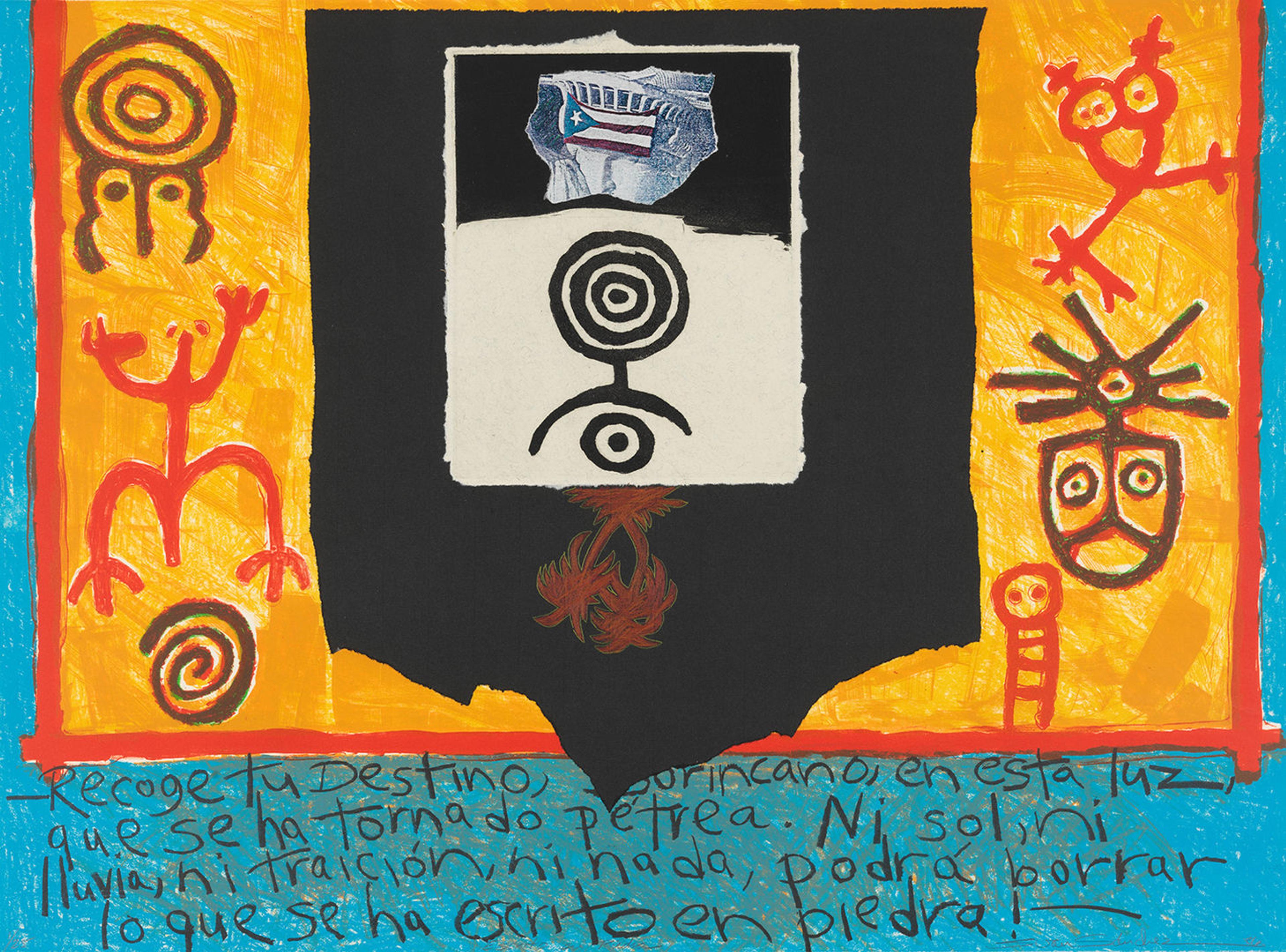 Mixed-media collage in black, red, orange, and bright blue. The collage includes lithographs with a Puerto Rican flag, drawings of animal shapes and masks, and a statement written in Spanish along the bottom.
