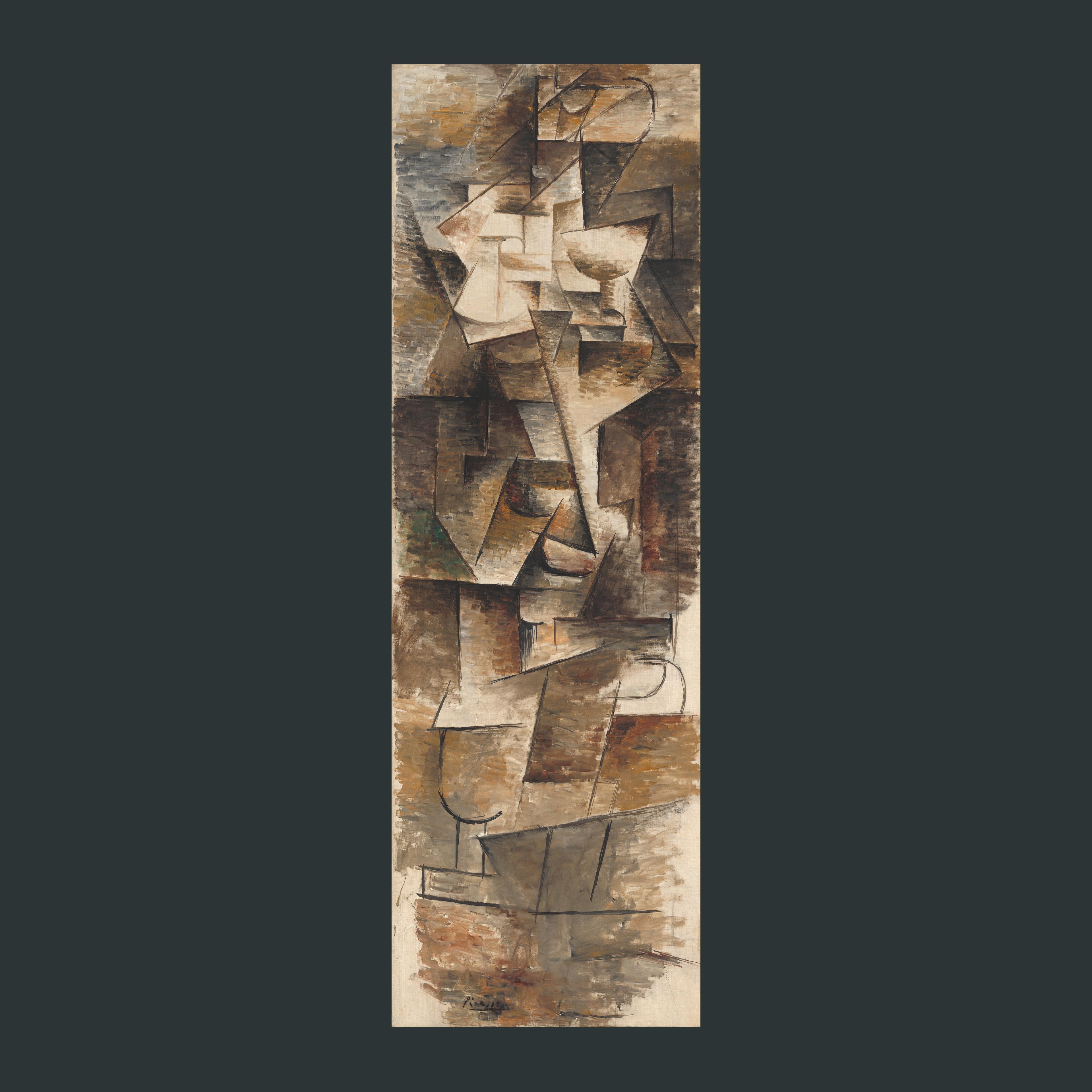 A tall pale rectangle stands vertically on a grey blue background. It is filled with squared lines and shadows etched in grey and taupe