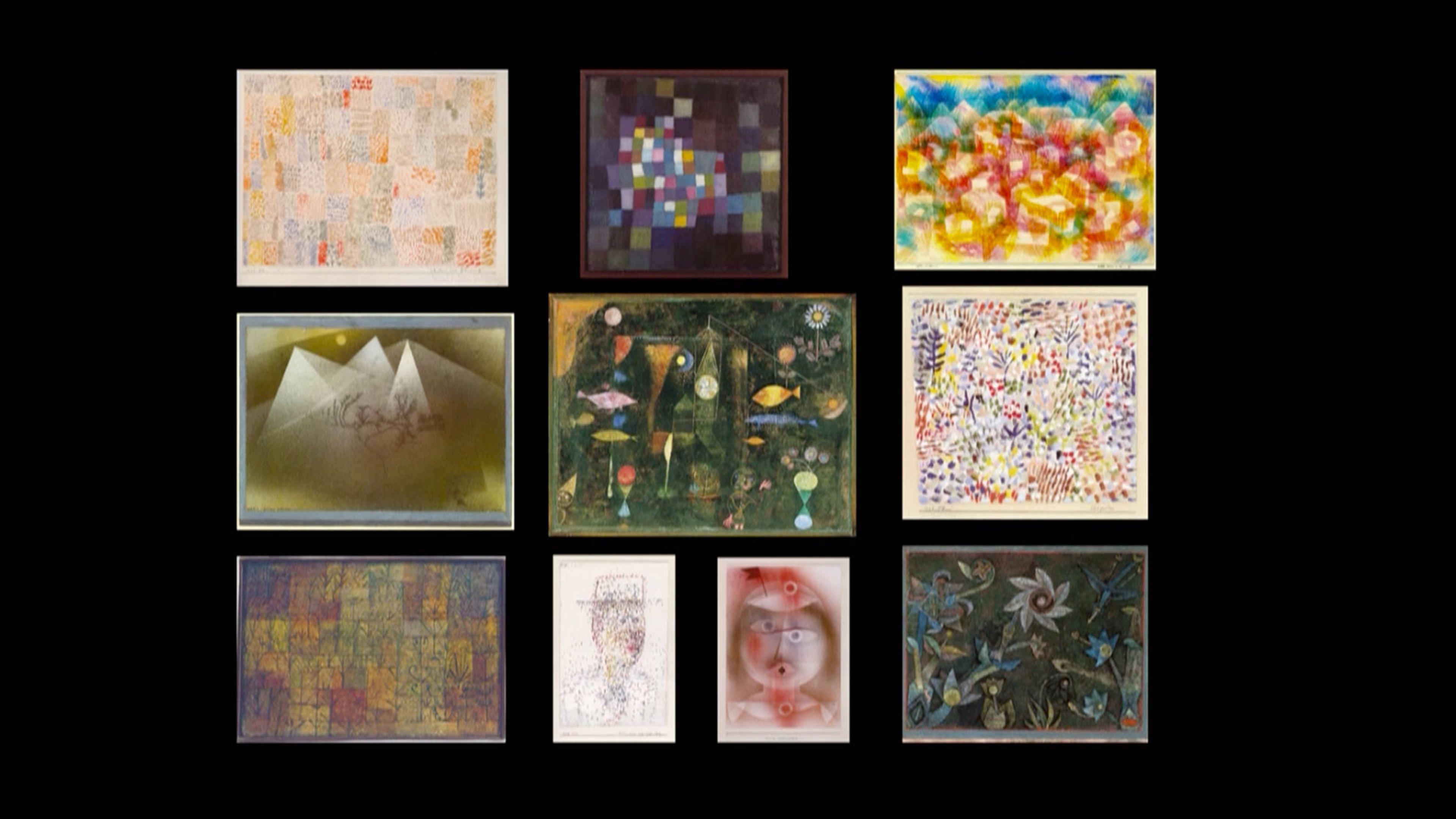 Collage of modern art works in red, green, and orange tones against black background