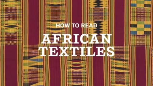 A detail of a Royal man's kente cloth (prestige cloth) with a striped and geometric design in the colors burgundy, yellow, green, blue, navy, and white. "How to Read African Textiles" in white, serif type appears in the center.