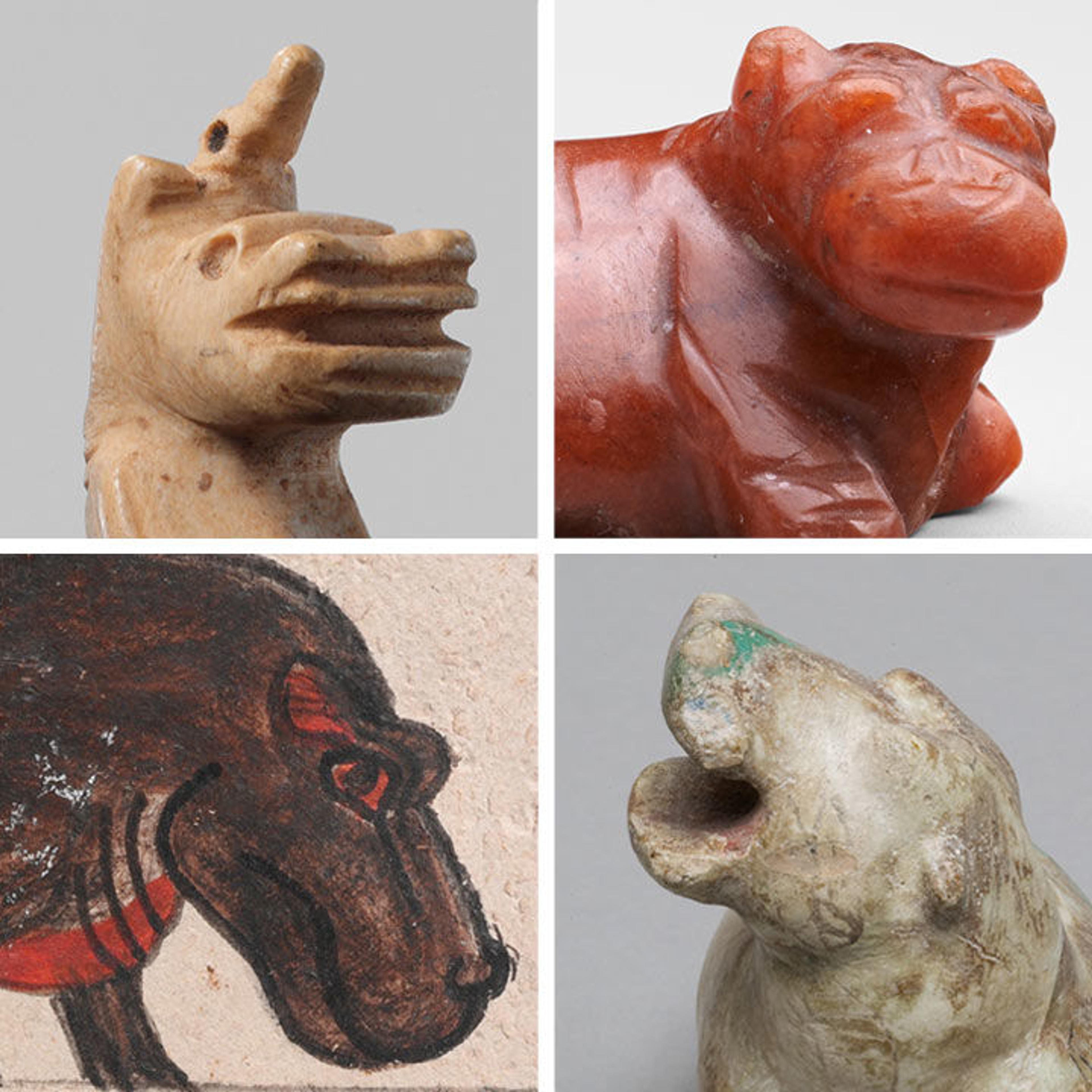 Four images of hippos heads: three are carved from stone and is one painted.