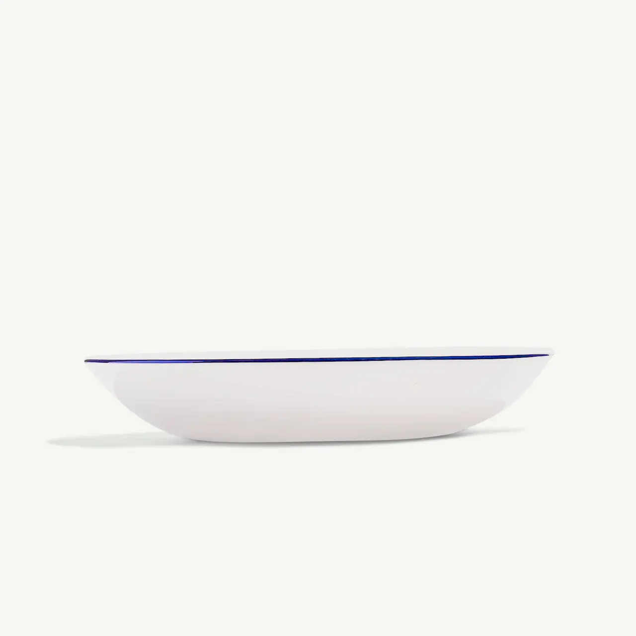 A white ceramic plate with a blue rim is displayed on a plain background.