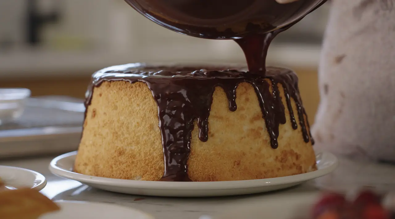 Rich chocolate glaze is being poured over a perfectly round sponge cake on a white plate.