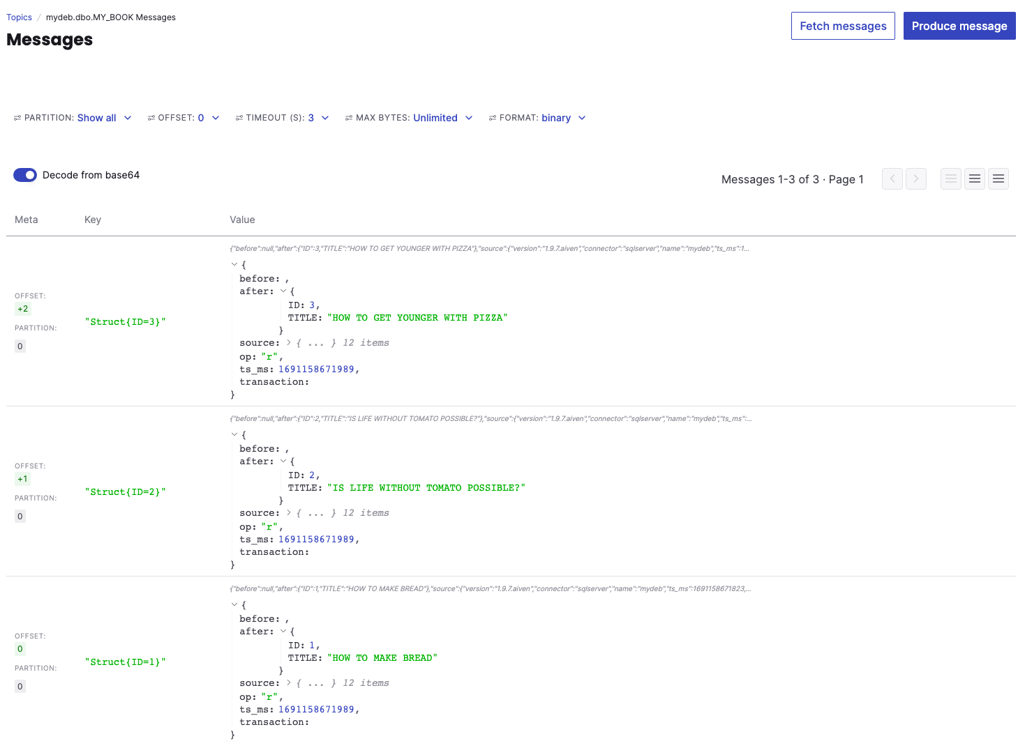 CDC data appearing in Apache Kafka