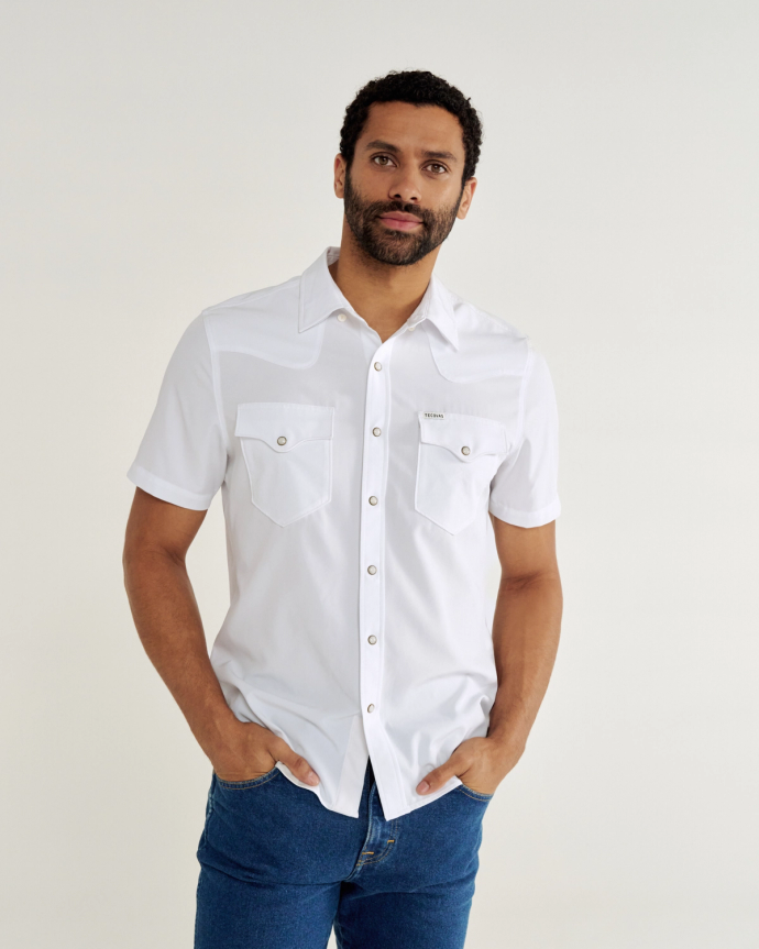 Closeup detail view of Men's Performance Western Pearl Snap SS - Classic Fit - White