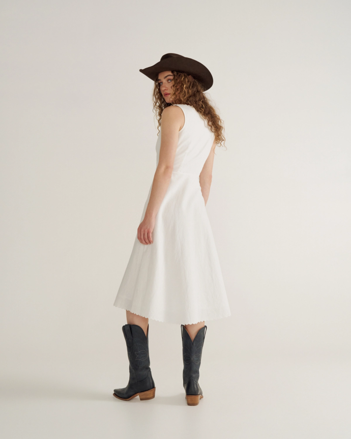 Back view of Women's Eyelet Linen Midi Dress - White on model