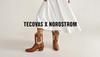 A person wearing a white skirt and brown cowboy boots stands on a plain background with the text "TECOVAS X NORDSTROM" overlaid.