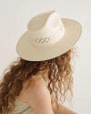 A person with long, curly hair wears a light-colored wide-brimmed hat with a diamond cutout pattern, facing away from the camera.