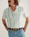 Closeup detail view of Men's Sawtooth Linen Short Sleeve Pearl Snap - White / Aqua Haze