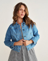 Front view of Women's Denim Trucker Jacket - Medium on model