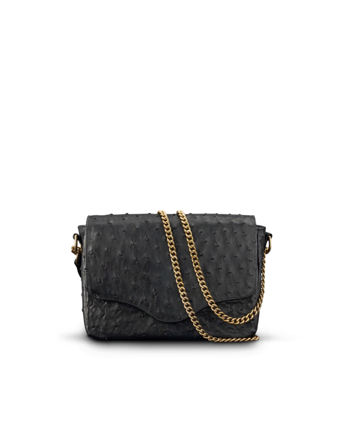 Front view of Ostrich Flap Handbag - Midnight on plain background