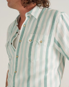 Closeup detail view of Men's Sawtooth Linen Short Sleeve Pearl Snap - White / Aqua Haze