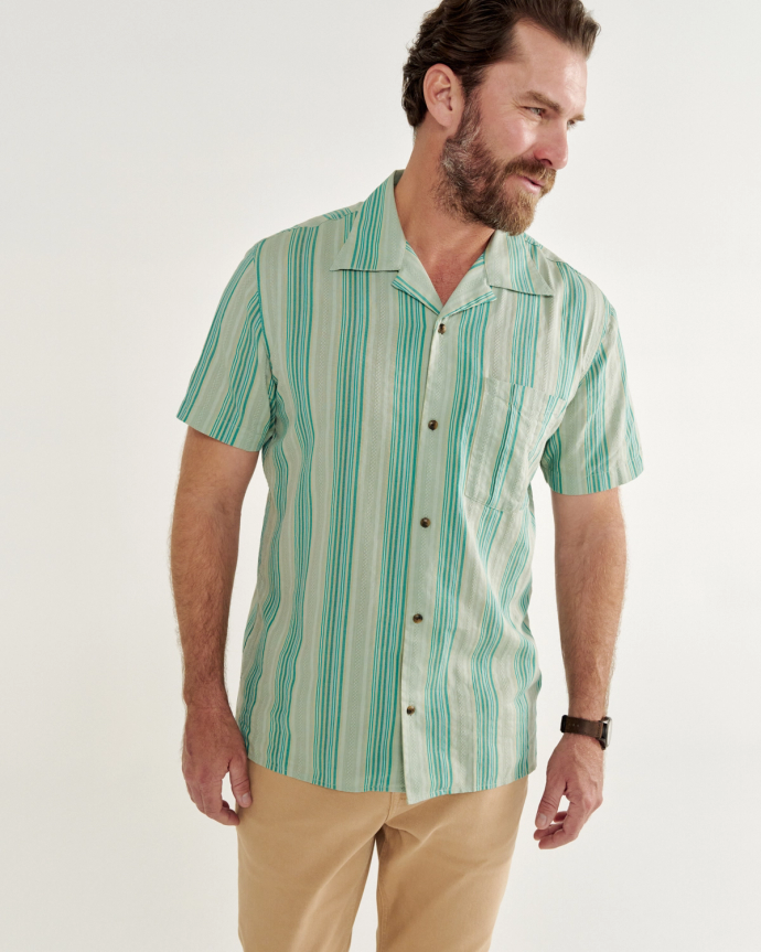 Closeup detail view of Men's Dobby Camp Short Sleeve Shirt - Light Green / Teal