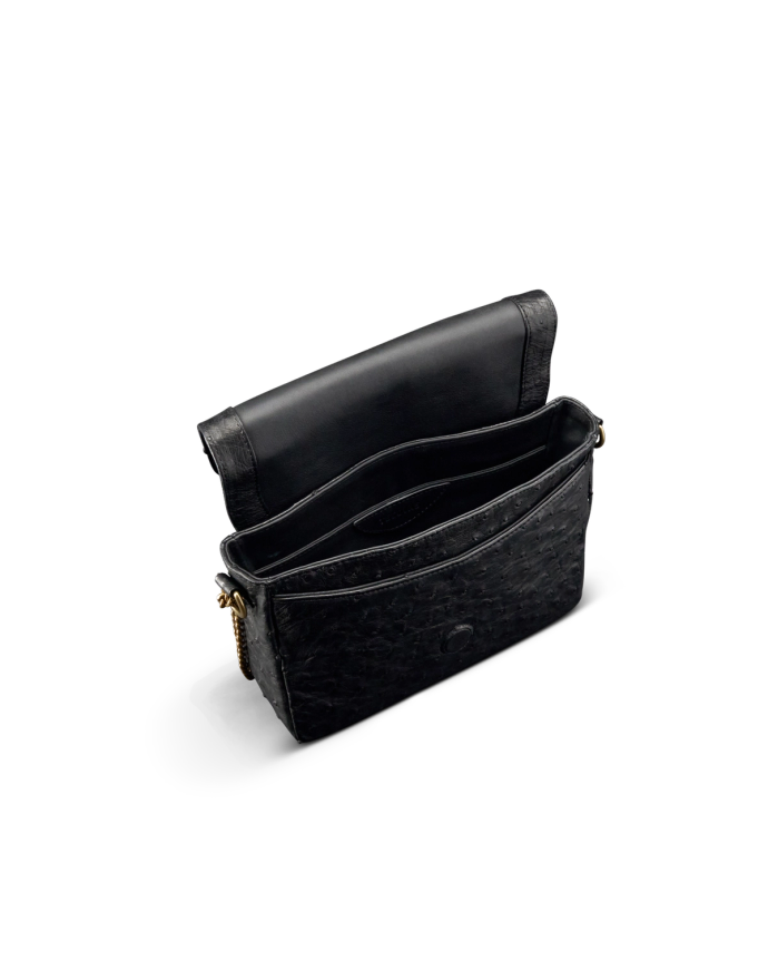 Front view of Ostrich Flap Handbag - Midnight on plain background
