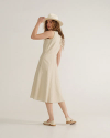 Back view of Women's Eyelet Linen Midi Dress - Green / White on model