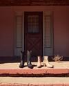 Photo of pairs of boots on red concrete