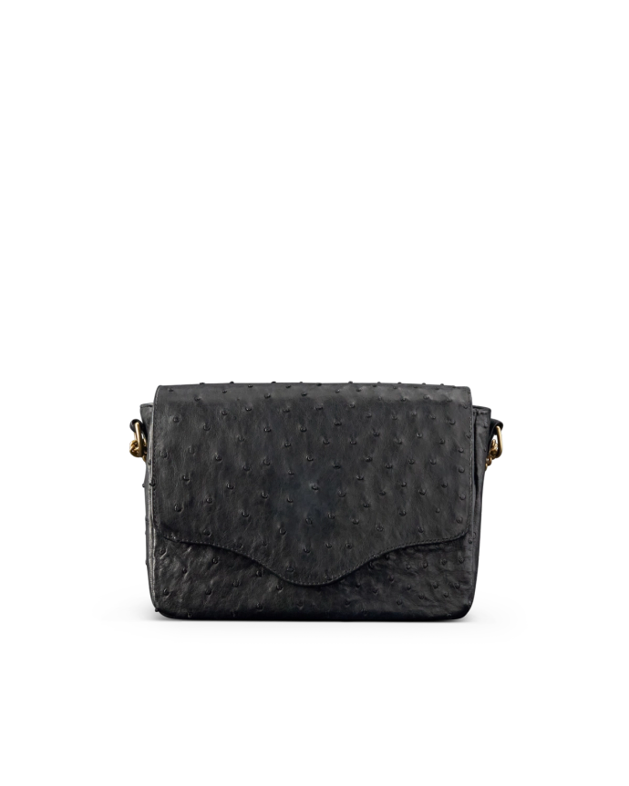 Front view of Ostrich Flap Handbag - Midnight on plain background